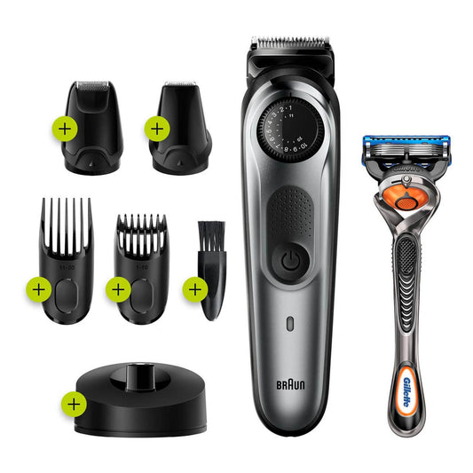 Braun Beard Trimmer 7 for Face and Hair, Black/Grey with precision dial, and Gillette Fusion5 ProGlide razor, BT7240  4210201281245