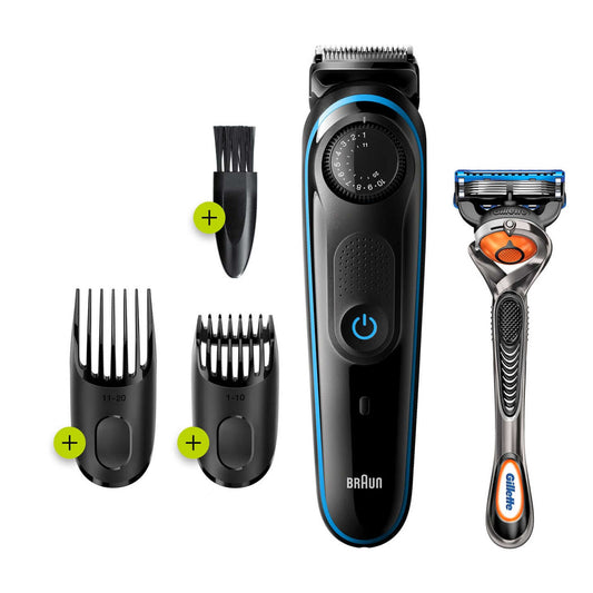 Braun Beard Trimmer 3 for Face and Hair, Black/Blue with precision dial, and Gillette Fusion5 ProGlide razor, BT3240 4210201283805