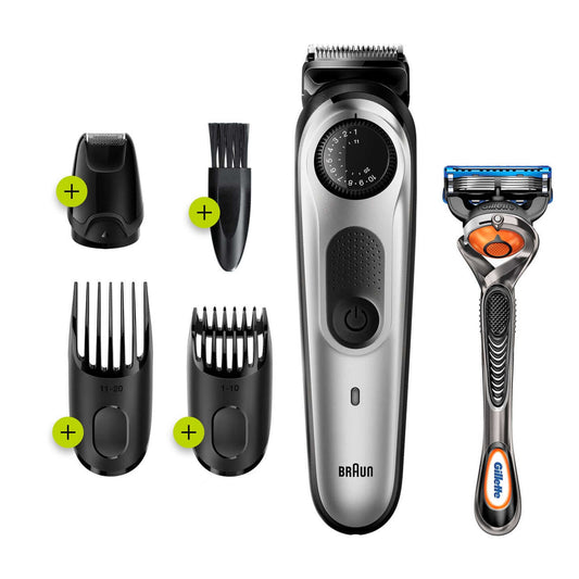 Braun Beard Trimmer 5 for Face and Hair, Black/Silver with precision dial, and Gillette Fusion5 ProGlide razor, BT5265  4210201283584