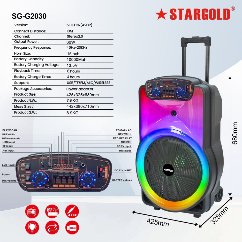 STARGOLD Multimedia Speaker 60W Remote Control Via BT, USB, SD/MMC, SG-G2030 BLACK