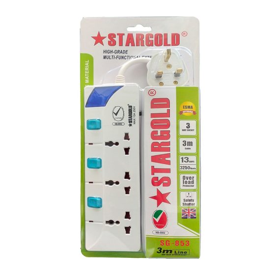 Stargold 3250W Heavy Duty Electric Extension Universal Cord 3 Socket 3 Meter 13A Fuse Surge Protect Indicate Light SG-853