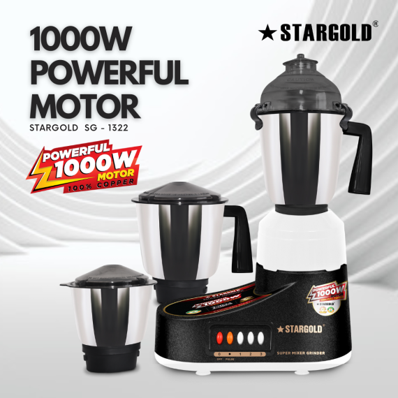 Stargold Mixer Grinder 3 In 1 Stainless Steel 3 Jar Body Blender Set With 1000W Powerful Motor 220-240V Juicer With Grinder SG-1322 BLACK