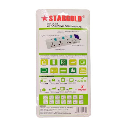 Stargold 3250W Heavy Duty Electric Extension Universal Cord 3 Socket 3 Meter 13A Fuse Surge Protect Indicate Light SG-853