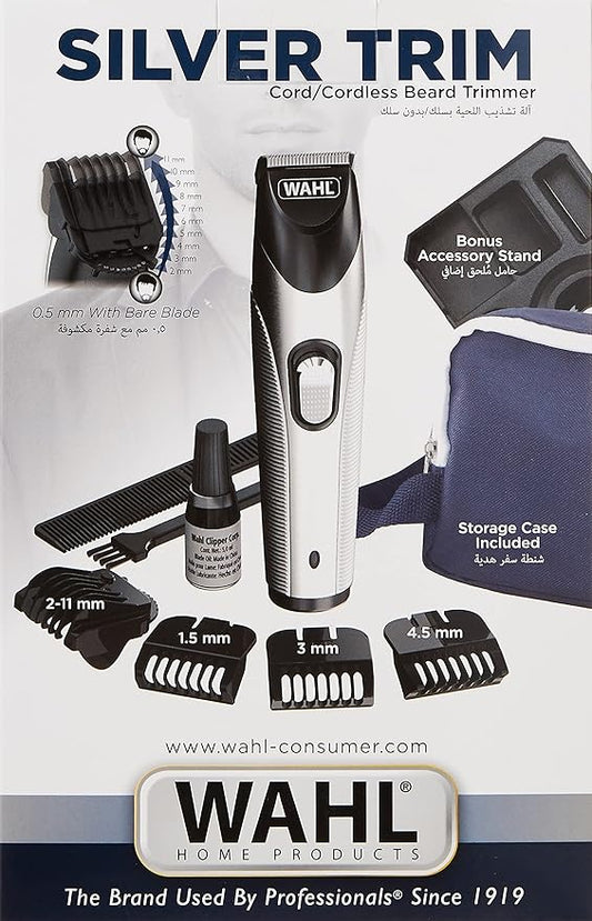 Wahl SilverTrim Cord/Cordless Trimmer, , Precision Cutting, Bonus Accessory Stand, Silver, 09891-027