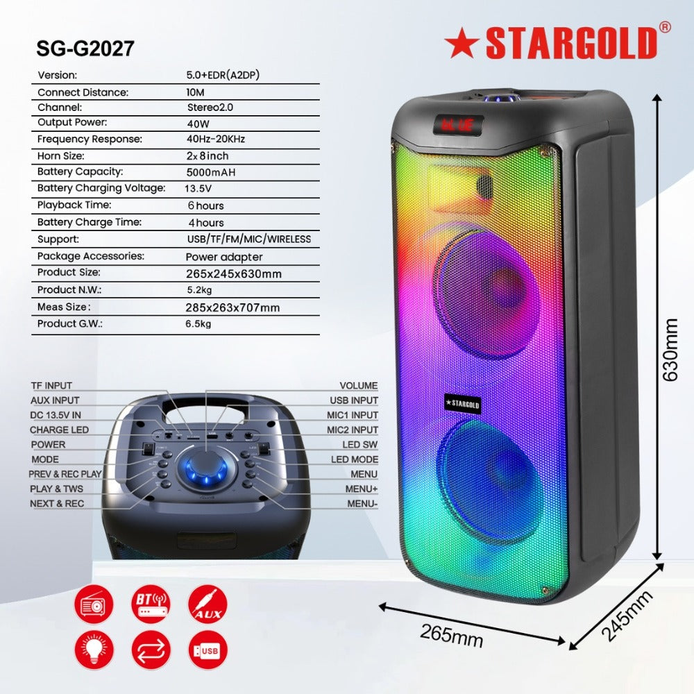 STARGOLD Multimedia Stereo 2.0 Speaker 40W Remote Control Via BT, USB, SD/MMC, SG-G2027