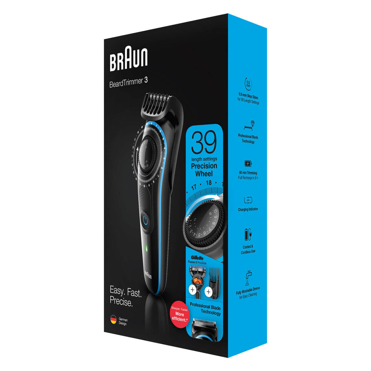 Braun Beard Trimmer 3 for Face and Hair, Black/Blue with precision dial, and Gillette Fusion5 ProGlide razor, BT3240 4210201283805