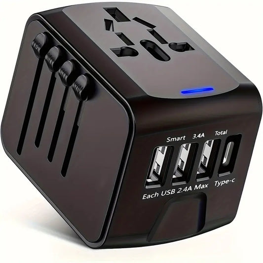 Travel Adapter Plug Worldwide with 4 USB Ports including USB C and AC Socket Australia, Canada, UK, Germany, USA, Italy